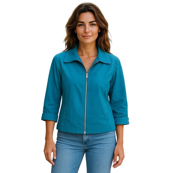Ellen Tracy Women's Size XS Linen Blend Aqua Blue 3/4 Sleeve Zip Up Jacket - Picture 1 of 5